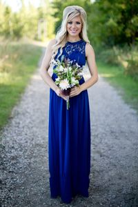 Royal Blue Country Bruidsmeisje jurken voor bruiloften Chiffon Lace Illusion Jewel nek kralen plus size feestmeisje jurken onder de 100