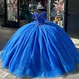 Royal Blue Crystal Beading Bow Ball Jurk Quinceanera Dress Off the Shoulder Corset Sweet 15 Vestidos de XV Anos