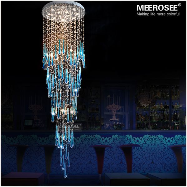 Lustre en cristal bleu royal luminaire long grand plafonnier en cristal pour escalier lustre, escalier, foyer lampe d'escalier en cristal