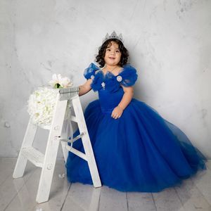 Cristaux bleu royal 2020 robes de demoiselle d'honneur robe de bal Tulle petite fille robes de mariée Vintage Communion Pageant robes robes F2155