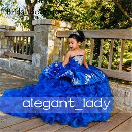Royal Blue Cute Children mini robes de quinceanera Beauty Pageant Robes Puffy Flowers Girl Birthday Dress Photographie Charro mexicain