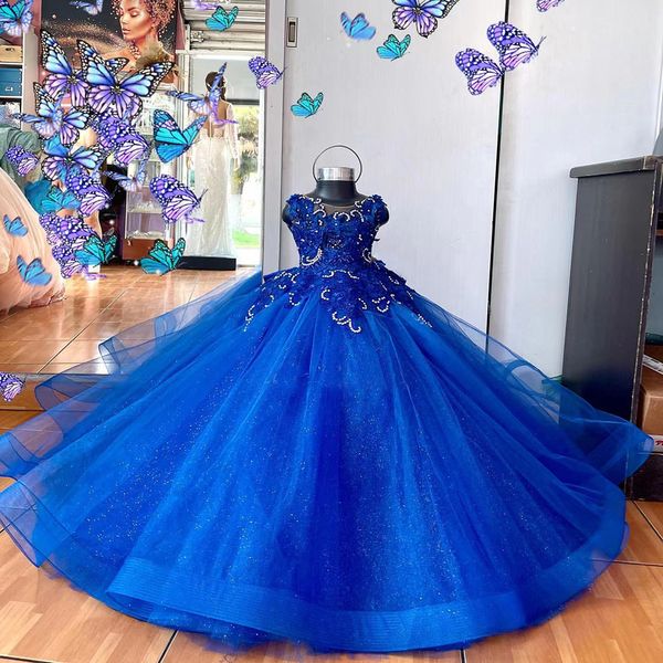 Vestido azul real bonito para niñas con flores para boda, apliques de lazo, perlas, vestidos de baile, vestido de niño, sesión de fotos de primera comunión