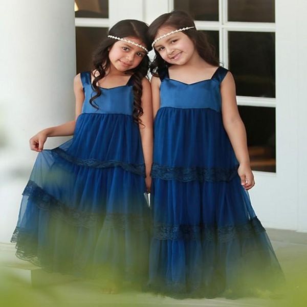 Azul real bonito jóia pescoço flor meninas vestidos boêmio vestido de festa de casamento plissados meninas aniversário primeira comunhão vestidos p158