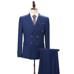 Royal Blue Double Breasted Mens Bruiloft Tuxedos Peaked Revers Classic Fit Groom Draag Formele Beste Man Prom Blazer Suits (Jack + Pants)