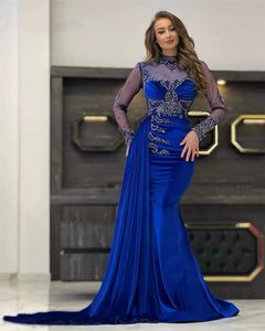 Robe De soirée De forme sirène, bleu Royal, dubaï, col transparent, manches longues, perles, grande taille, robes De bal, 2023, 322