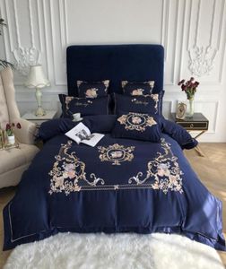 Azul real elegante bordado 60S satén lavado juego de cama de seda funda nórdica de algodón ropa de cama sábana ajustable fundas de almohada ropa de cama b5060643