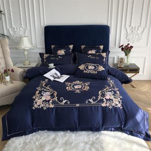 Royal Blue Elegant Broderie 60S Satin Lavé Soie Ensemble de Literie Coton Housse de Couette Linge de Lit Drap Housse Taies D'oreiller Literie b2168