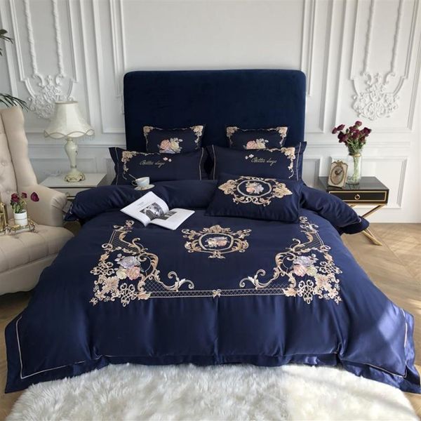 Juego de ropa de cama de seda lavada de satén azul real con bordado elegante de los años 60, funda nórdica de algodón, sábana bajera, fundas de almohada, ropa de cama b2168