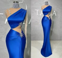 Royal Blue Elegant Mermaid -avond met kralen pailletten hoge nek pure lange mouw een schouder satijnen kralen kanten formele prom jurken gesneden zijkanten