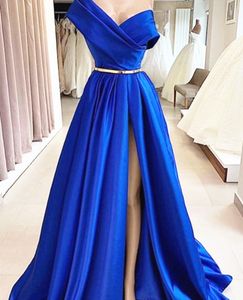 Royal Blue Elegant One Shoulder Satin Vestidos de noche Sudafricanos Split Prom Dress Long Formal Party Vestidos de noche Gold Sash Fruncido