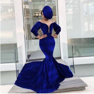 Robe De bal élégante bleu Royal velours col en V profond à manches longues sans bretelles soirée robes De sirène pour les femmes Robes De Soir￩e