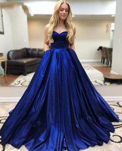 Royal Blue Elegant Sweetheart Baljurken Prom Dresses Corset Lace Up Back Satin Mouwloze Pageant Party Jurken Avondjurken Lang
