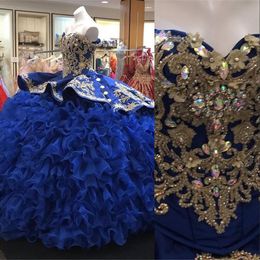 Royal Blue Embroidery Quinceanera Dresses Ball Jurk Off Shoulder Lace Crystal Beading Plus Size Ruffles Tiered Sweet 16 Formal Party Prom avondjurken