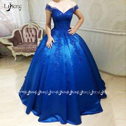 Royal Blue Evening Ball Jurns Appliques Vintage Prom Party Dress Puffy Princess Quinceanera afstuderen Lady Party Wear Maxi Jown Vestid 245a