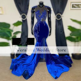 Royal Blue Evening Jurk For Women kralen Velvet Sexy Slit African Prom Gala Met Party Jurken Robe Longue de Bal