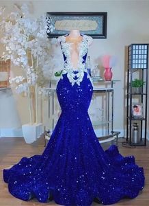 Royal Blue Evening Jurken Prom Gown Party Trompet Mermaid O-Neck Mouwloze kristal kralen applique lovertjes op maat