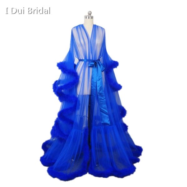 Robe de mariée en plumes bleu royal Robe de plumes à manches longues musulmane Robe de danse de mascarade Robe de soirée 201114