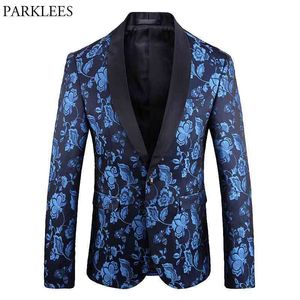 Royal Blue Floral Bordado Un botón Traje Chaqueta Hombres Elegante Mantón Collar Partido Blazers Mens Boda Cena Blazer Masculino 210522