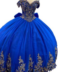 Royal Blue Floral Quinceanera Dresses 2023 Bow Plus Size Ball Gown Masquerade Princess Girl Glitter Long Sweet 16 Prom para 15 años Fuera del hombro Quince 15 Beading