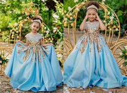 Royal Blue Flower Girl Dress Juweel Hals Applique Kant Pailletten Ruches Satijn Elegante Pageant Toga Vloer-lengte Verjaardagstoga Custom Made