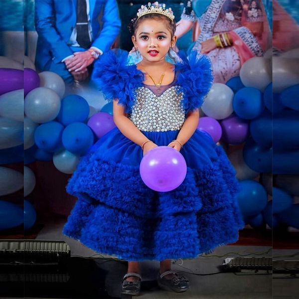 Vestidos de niña de flores de color azul real, tul escalonado de lujo, bola de perlas, vestidos de princesa para niña de flores, longitud hasta el tobillo, fiesta de cumpleaños para niñas pequeñas, vestido para hija y madre CF036