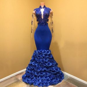 Royal Blue Flowers Mermaid Prom Dresses High Neck lange mouwen appliques satijnen vloerlengte sexy avondjurken 2678
