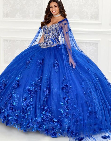 Vestidos de quinceañera fucsia azul real con capa desmontable fuera del hombro vestidos de corsé con cuentas de cristal para 15 años de aniversario