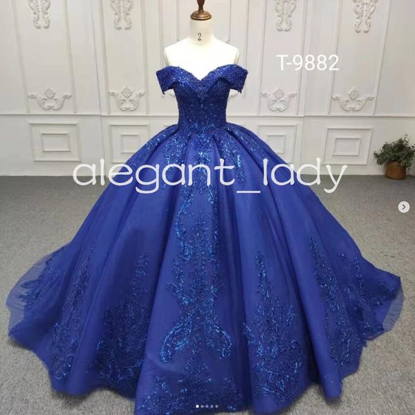 Bleu Royal Gillter Princesse Quinceanera Robes Hors Épaule Paillettes Scintillantes Applique Corset robe de 15 quinceaneras azul rey