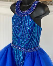 Королевско-синее пышное платье для девочек, комбинезон 2023, верхняя юбка с оборками и кристаллами и блестками, детский комбинезон Little Miss на день рождения, официальная вечеринка Cocktai295P