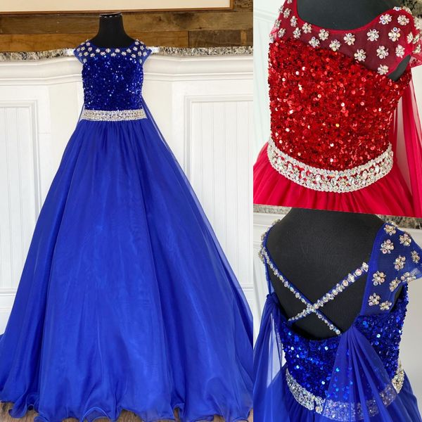 Royal Blue Girl Vestidos del desfile 2022 Cristales Rebordear Vestido de gasa Ballgown Little Kids Birthday Cape Vestidos de fiesta formales Vestidos Infant Toddler Teens Miss Straps