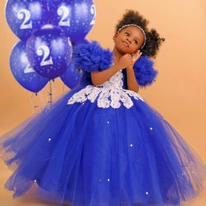 Vestidos de niña de flores para niña de color azul real, vestidos de fiesta de tul con gradas de manga corta, vestido de niña de flores, vestido de fiesta de cumpleaños de encaje con cuentas de princesa reina, vestidos para niños NF019