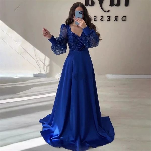 Robe de soirée Royal Blue Glitter 2024 Sparkly Puff Sleeves A-Line V-Colk Satin Formal Prom Party Robes Robe de Soberee sur mesure