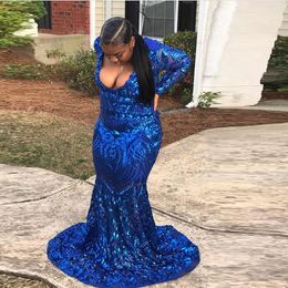 Royal Blue Glitter Mermaid Prom jurk lange mouwen lovertjes Appliques Sparkly African Women Plus Size Formal Evening Party Jurets