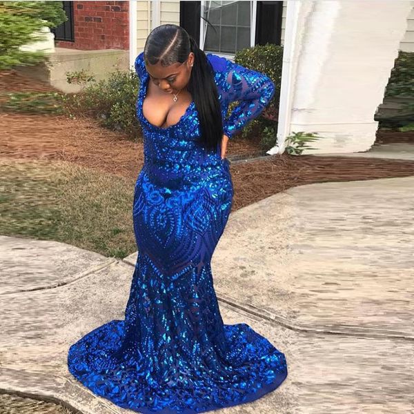 Bleu royal paillettes sirène robe de bal manches longues paillettes appliques scintillantes femmes africaines grande taille robes de soirée formelles
