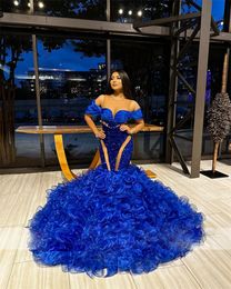 Royal Blue Glitter Prom Dresses Sheer Neck Off Shoulder Paillins Graduation Dress 2024 Tiered Ruffles Dames Vestidos de Noche