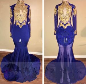 Royal Blue Gold Appliques Mermaid Prom Dresses Long 2019 Nieuwe sleutelholte prom -jurk met lange mouwen voor Black Girl Vestidos de novia68968666