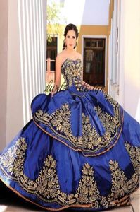 Royal Blue Gold Lace Ball Jurk Quinceanera -jurken Sweetheart borduurapparaten kralen zoet 16 jurken sweep trein quinceanera6553991