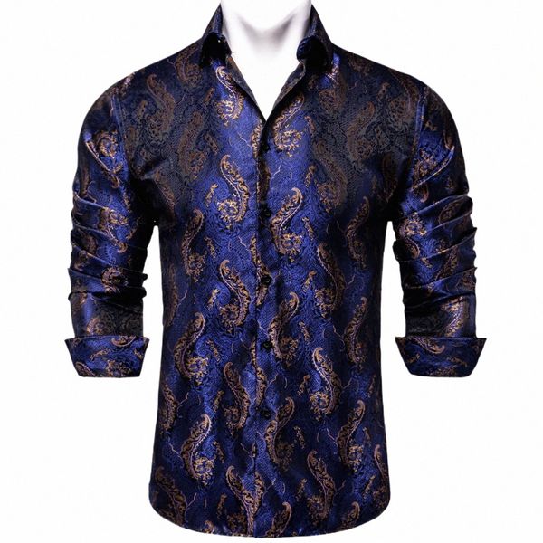 Royal Blue Gold Paisley Camisas de seda para hombres LG Manga Social Dr Shirt Luxury Tuxedo Wedding Party Hombres Ropa DiBanGu r4FT #