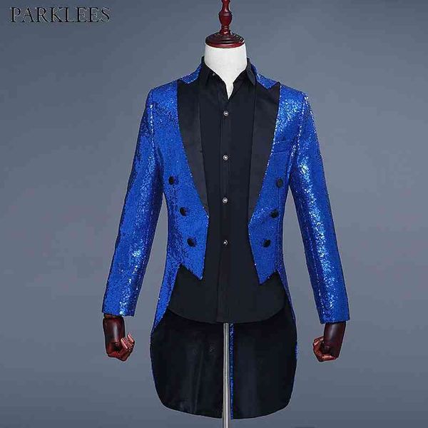 Royal Blue Gorgeous Sequin Tuxedo Blazer Men Brand Nightclub DJ Stage Suit Blazer Hombres Singer Magician Costume Outfit 210522