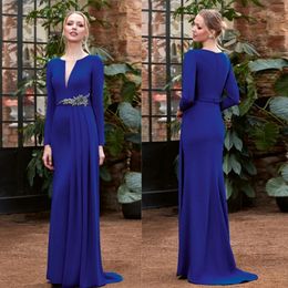 Robes bleu royal pour mère de la mariée Illusion col en V élégantes manches longues robes de mères une ligne robe formelle pour les femmes africaines arabes noires tenue avec ceinture AMM110