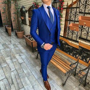 Koninklijke Blauwe Bruidegom Bruiloft Tuxedos One Button Piek Revers Mens Past Best Man Formele Bruiloft Jas (jas + Vest + Broek)
