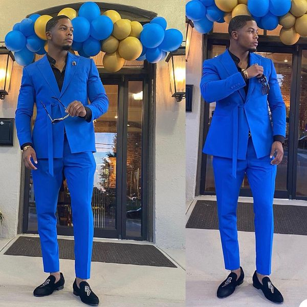 Royal Blue Groom Wedding Tuxedos Slim One Button Pants Trajes para hombre Prom Party Jacket Coat Trajes formales 2 piezas