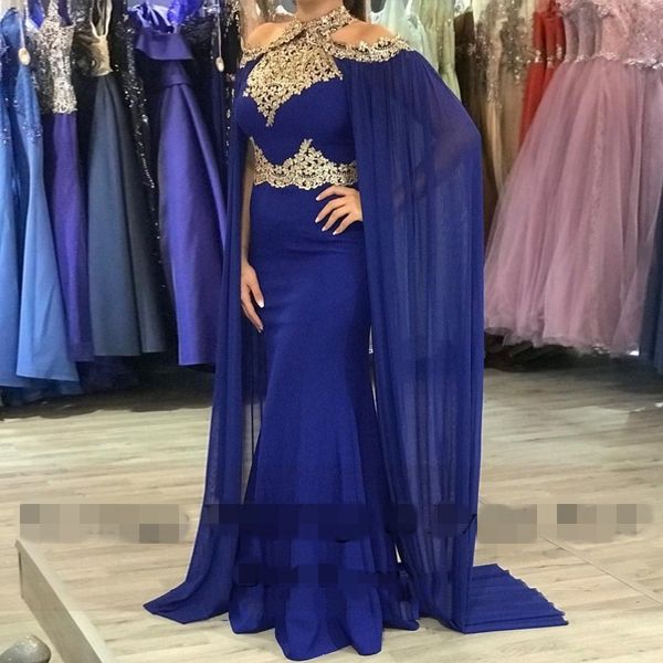 bleu royal Halter or Dentelle Longues Femmes Robes De Bal Sirène En Mousseline De Soie Formelle Robes De Soirée avec Watteau Train applique robe de noche 2020