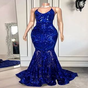 Royal Blue Halter -pailletten Mermaid Prom jurken Sparkling Backless Criss Cris Sweep Train Formele avondfeestjurken Real Image BC12950