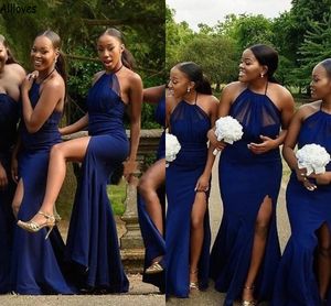 Royal Blue Halter Sexy Mermaid Bruidsmeisje jurken voor African Girls High Split formele gelegenheid Wedding Party Jurken Sweep Train Plus Size Maid of Honor Dress Cl1912