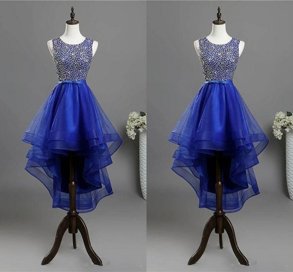 Royal Blue Hi Lo Homecoming Robes de bal courtes 2020 Perles Sequin Jewel Cap Manches Tulle Cocktail Party Graduation Robe formelle Robes pas cher