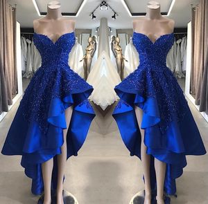 Royal Blue Hallo Lo Prom Homecoming Jurken Goedkope 2019 Sweetheart Open Back Applique Beaded Sequin Graduation Avondjurken Formele Jurk