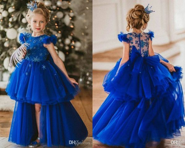 Royal Blue High Low Flower Girl Vestidos Jewel Neck Star Beaded Ruffles Girls Pageant Dress Capped Layer Falda Niños Vestidos de cumpleaños