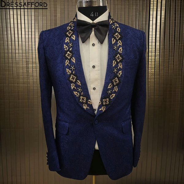 Royal Blue Jacquard Weave Men Suits Appliques Smooth Tuxedos de mariage 2 pièces Dîner Prom Blazers Terno Masculino EXCHETO