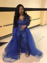 Royal Blue Jumpsuit Prom -jurken met over Skirts v nek lange mouw lovertjes avondjurken plus size African Pageant Pants Party Party Wear BC